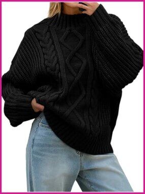 Oversized Cable Knit Turtleneck Sweater Button Up Chunky Pullover